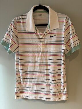 Nike White Polo with Pink, Yellow, Green and Black Stripes size Mens M